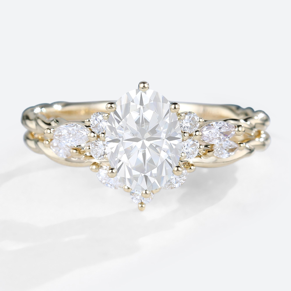 Moissanite Wedding Band Gold Oval Ring Promise Ring Set