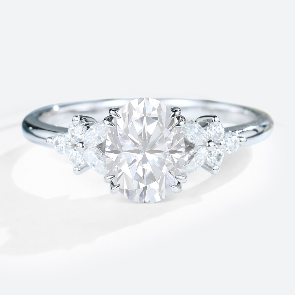 Oval Moissanite Ring White Gold Engagement Rings Cluster Vintage Ring