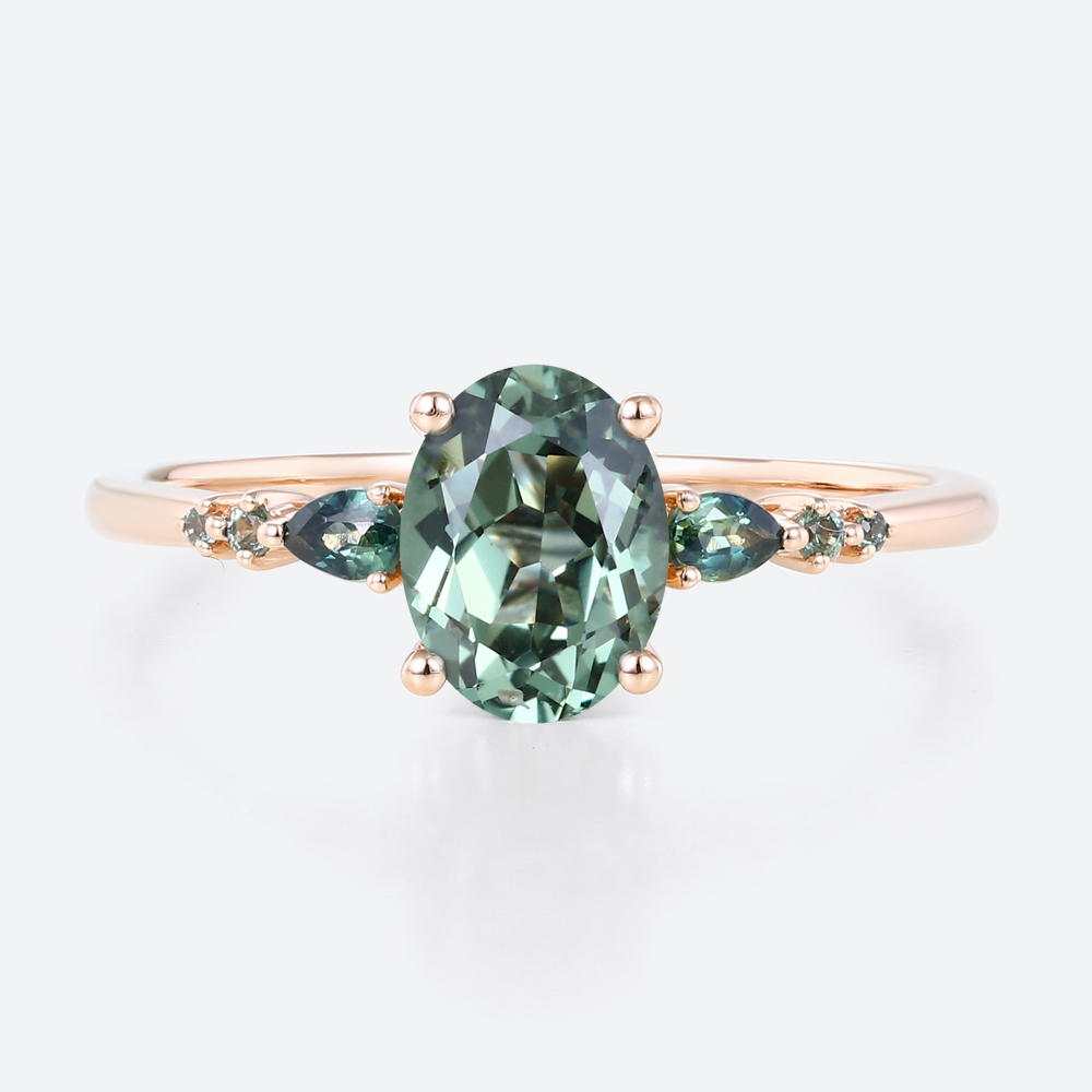 1.5ct Oval Cut Green Sapphire​ rings Classic Engagement Ring with Green Blue Sapphire Side Accents