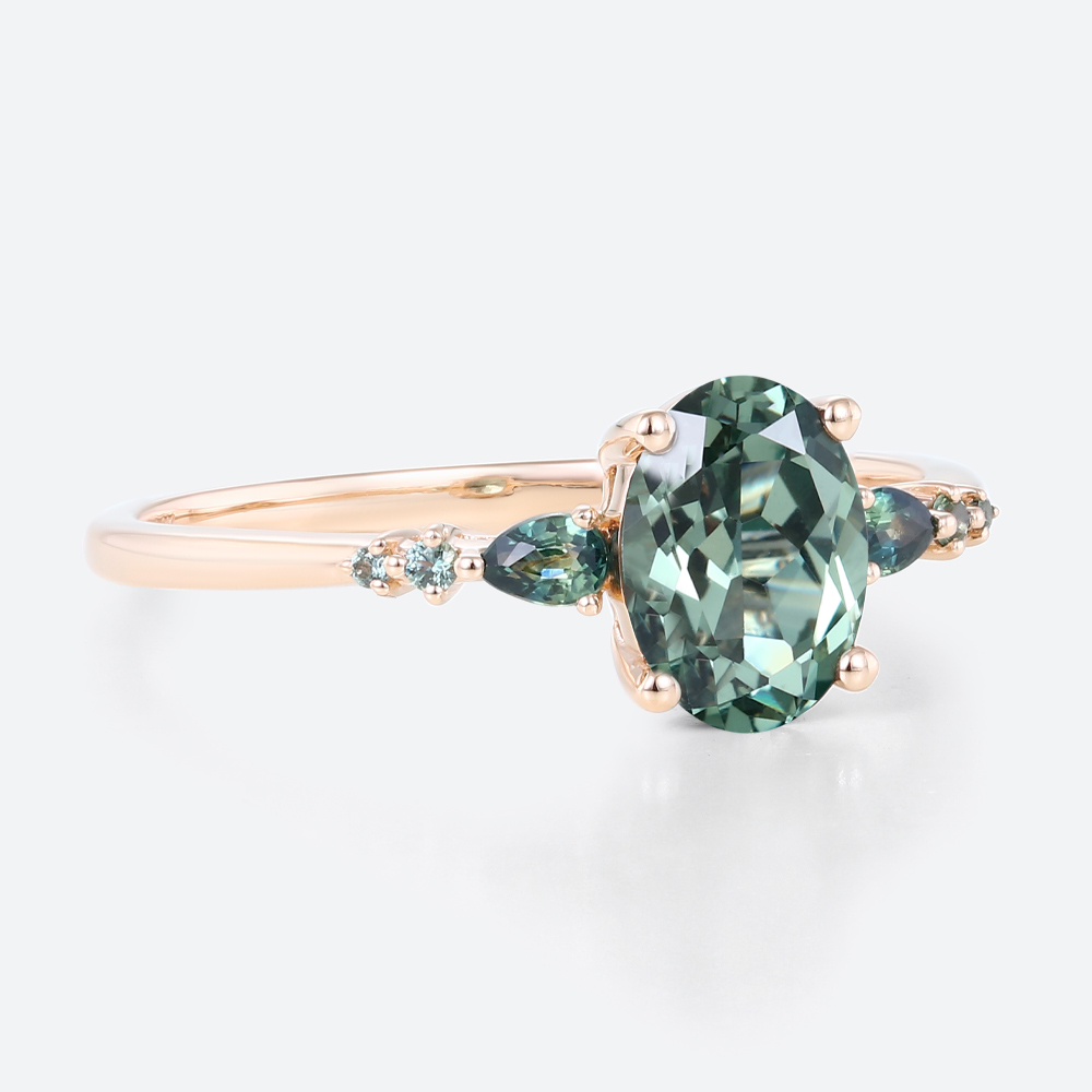 1.5ct Oval Cut Green Sapphire​ rings Classic Engagement Ring with Green Blue Sapphire Side Accents
