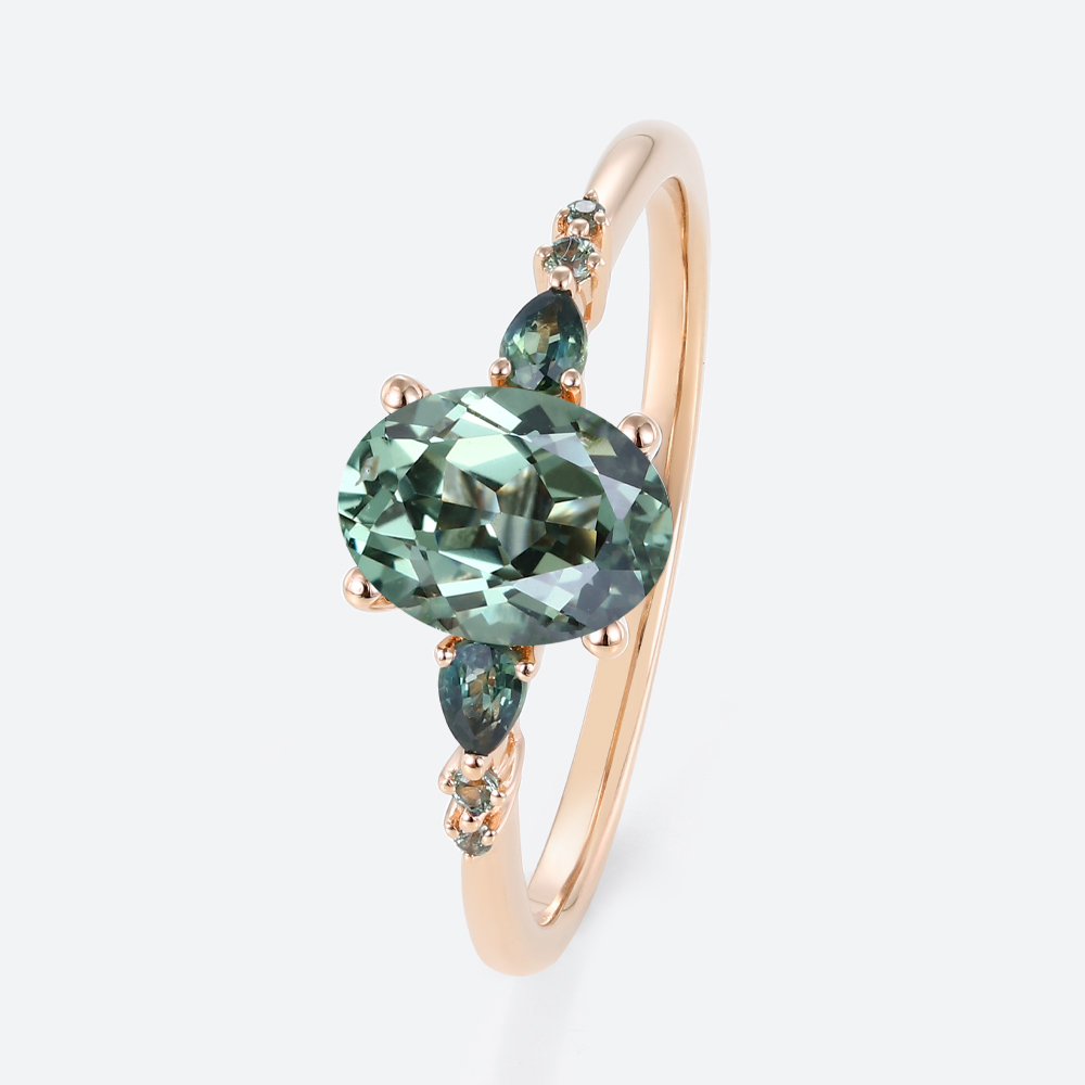 1.5ct Oval Cut Green Sapphire​ rings Classic Engagement Ring with Green Blue Sapphire Side Accents
