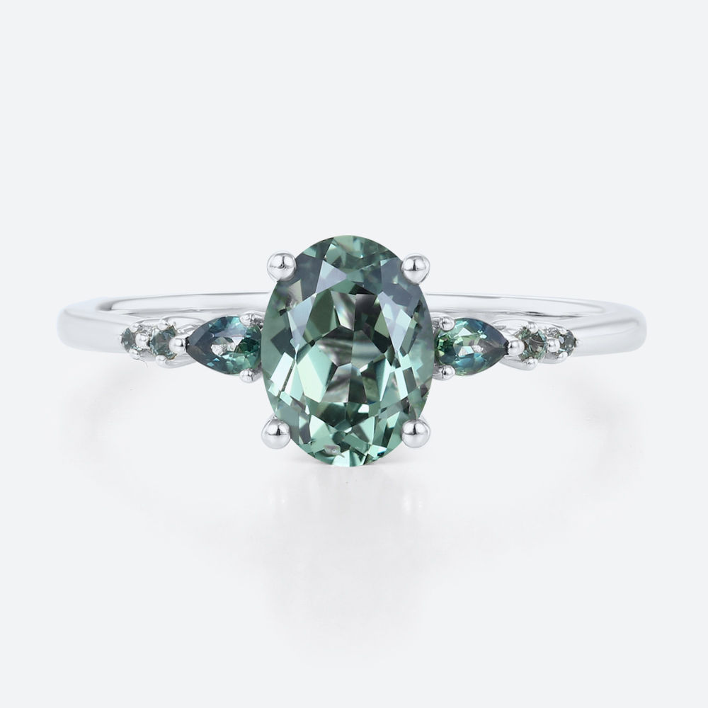 1.5ct Oval Cut Green Sapphire​ rings Classic Engagement Ring with Green Blue Sapphire Side Accents