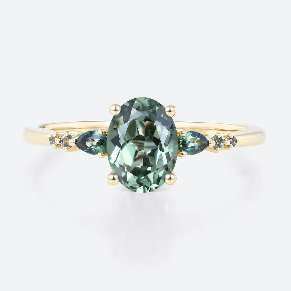 1.5ct Oval Cut Green Sapphire​ rings Classic Engagement Ring with Green Blue Sapphire Side Accents