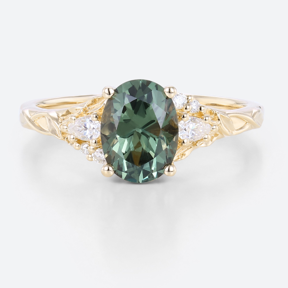 Green Sapphire Rings Yellow Gold Oval Engagement Rings Nature Inspired Ring