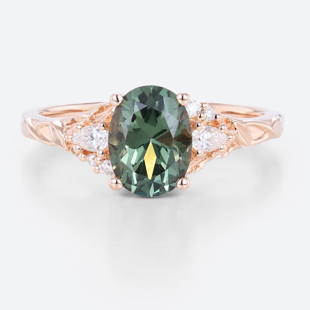 Green Sapphire Rings Rose Gold Oval Engagement Rings Nature Inspired Ring