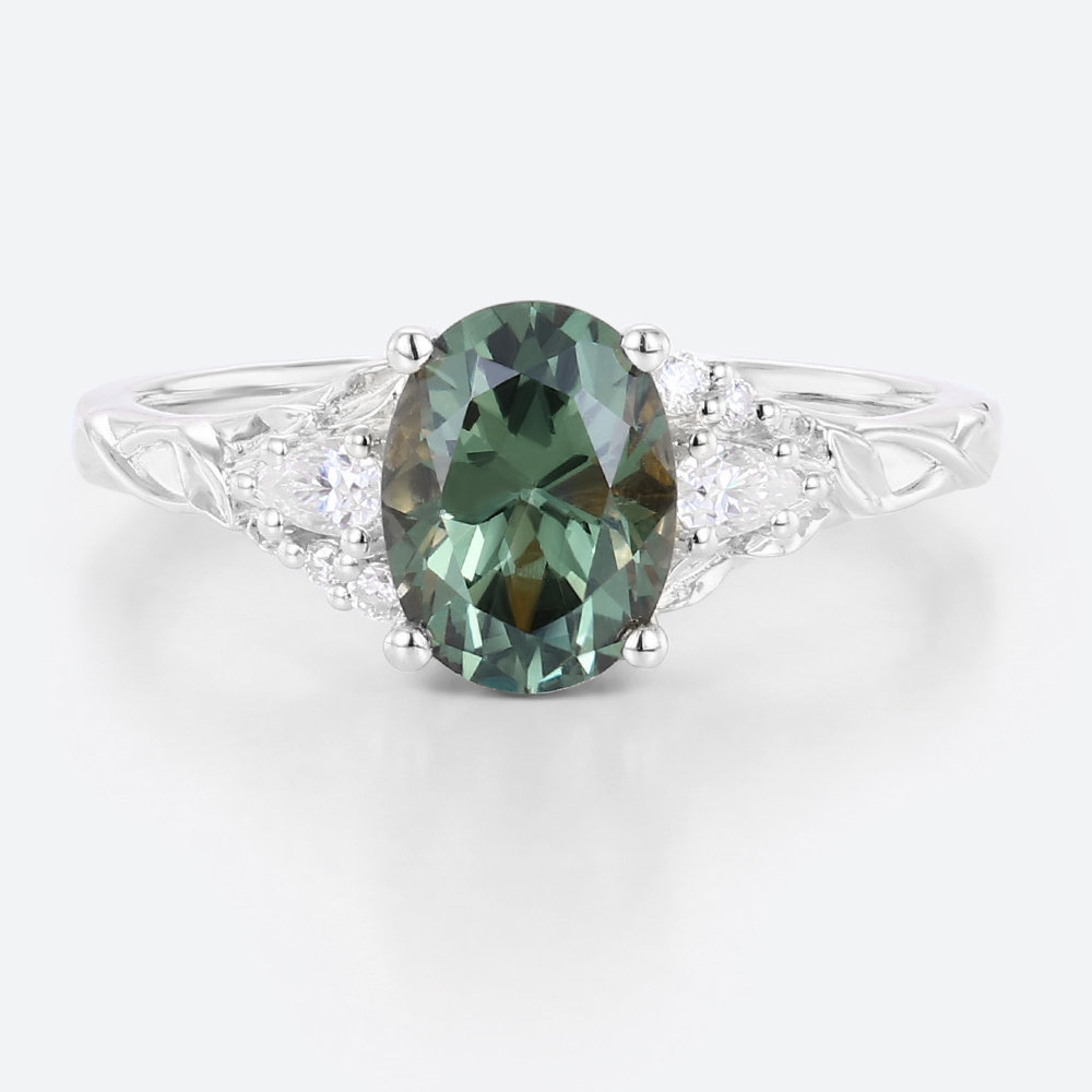 Green Sapphire Rings White Gold Oval Engagement Rings Nature Inspired Ring