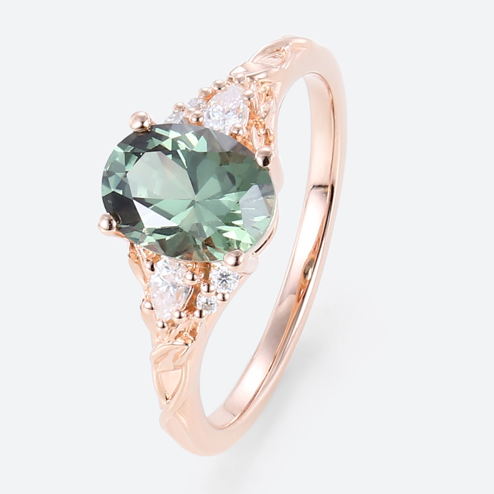 Green Sapphire Rings Rose Gold Oval Engagement Rings Nature Inspired Ring