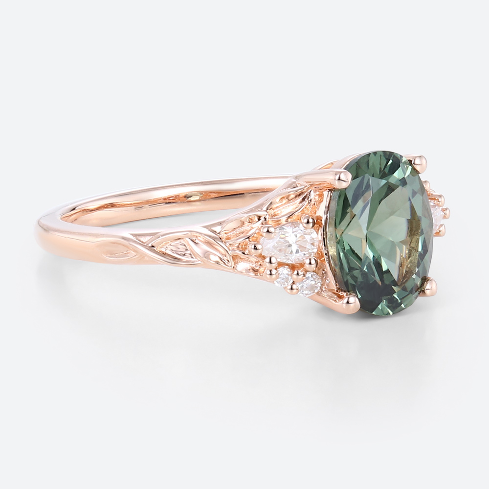 Green Sapphire Rings Rose Gold Oval Engagement Rings Nature Inspired Ring