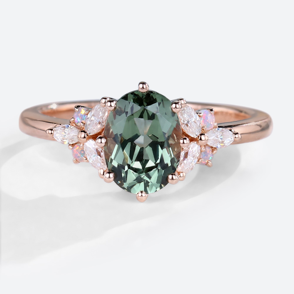Sapphire Green Ring Oval Engagement Rings Gold Ring Cluster