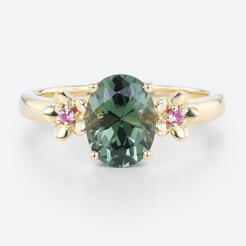 Yellow Gold Rings Oval Cut Vintage Green Sapphire Engagement Ring