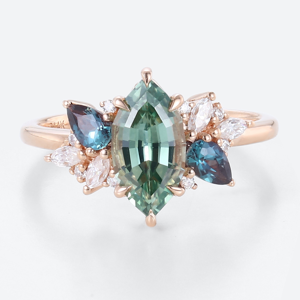 Green Sapphire Ring Unique Marquise Multi Gem Engagement Rings