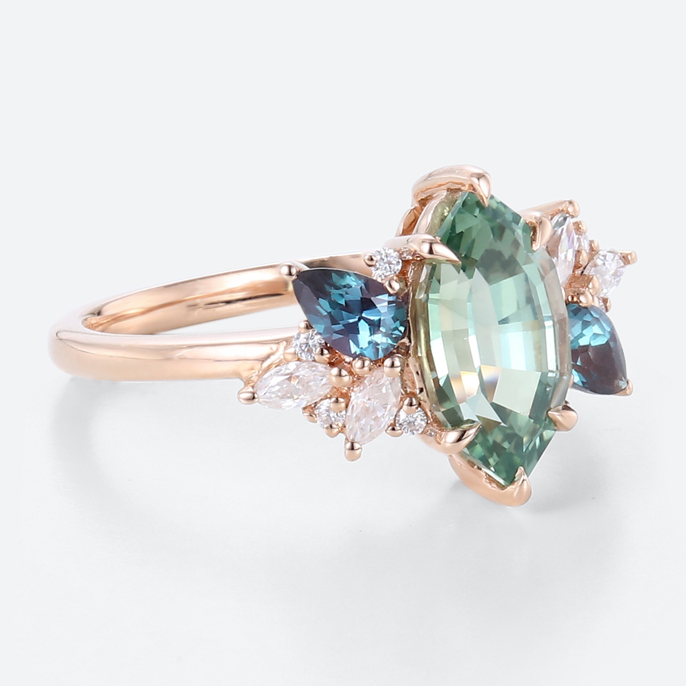1ct Green Sapphire Engagement Ring Marquise Cut Multi-gem Bridal Ring