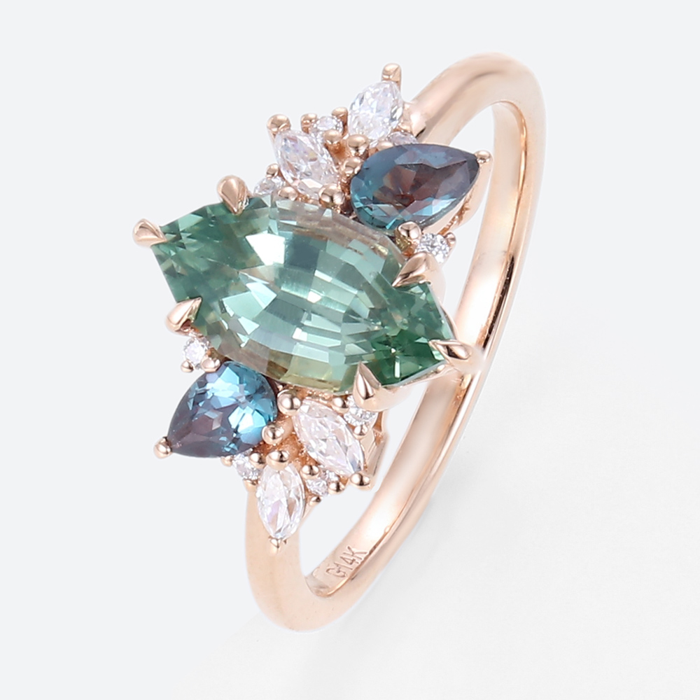 1ct Green Sapphire Engagement Ring Marquise Cut Multi-gem Bridal Ring