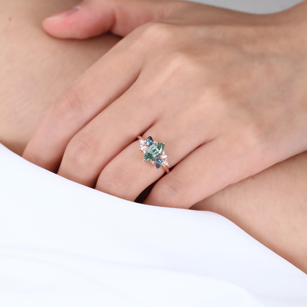 1ct Green Sapphire Engagement Ring Marquise Cut Multi-gem Bridal Ring