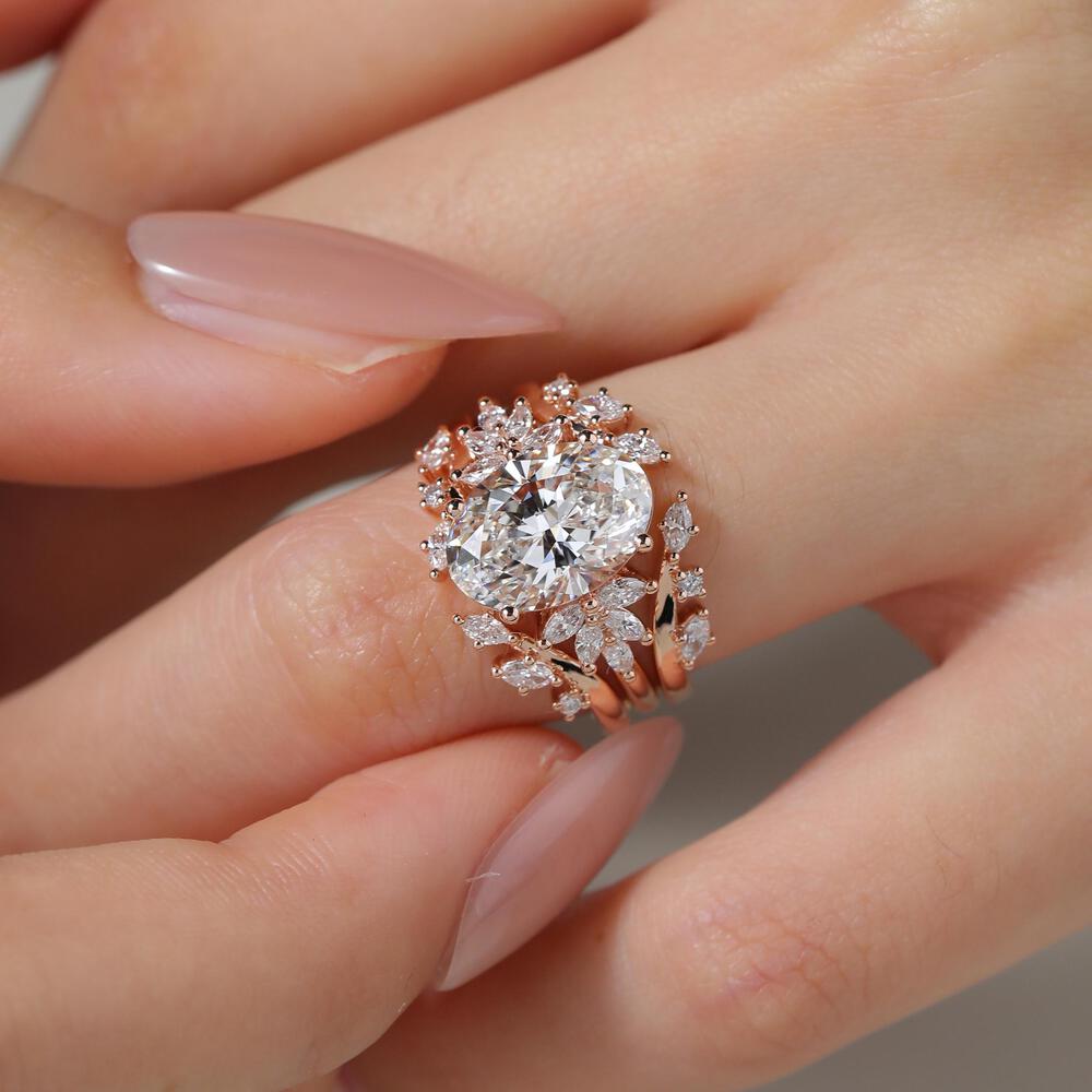 Oval Cut Lab Grown Diamond Blooming Floral 4-Prong Bridal Ring Set