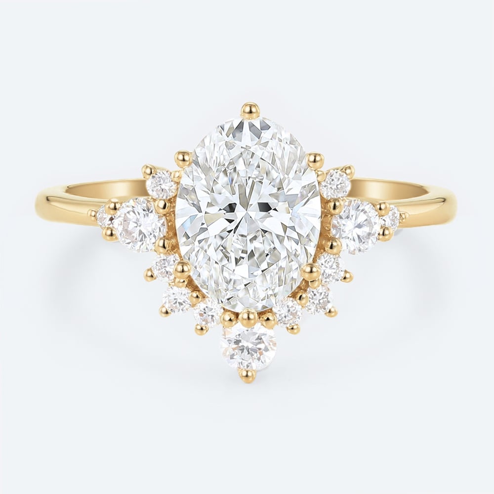 1.5ct Colorless VS+ Oval Cut Lab Grown Diamond Classic Cluster 6-Prong Engagement Ring in yellow Gold