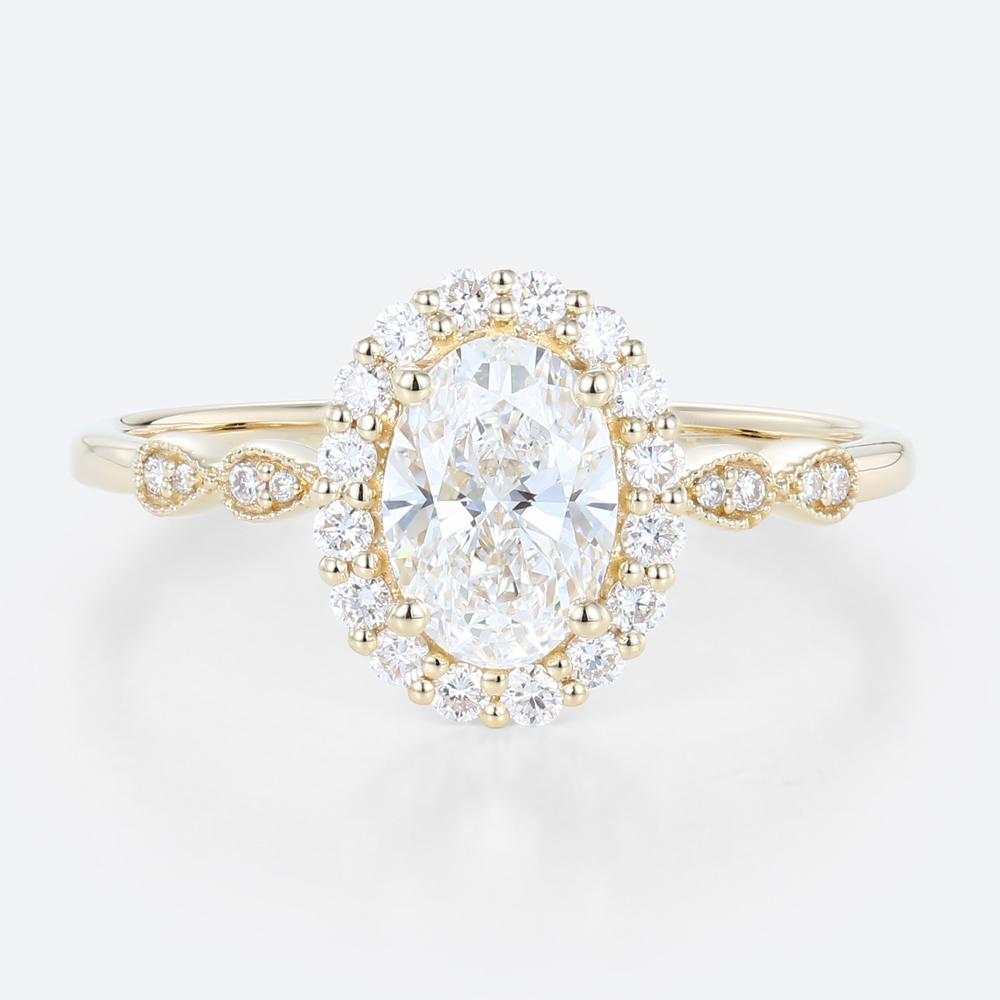 Yellow Gold Oval Halo Engagement Ring Lab Diamond Vintage Milgrain Ring
