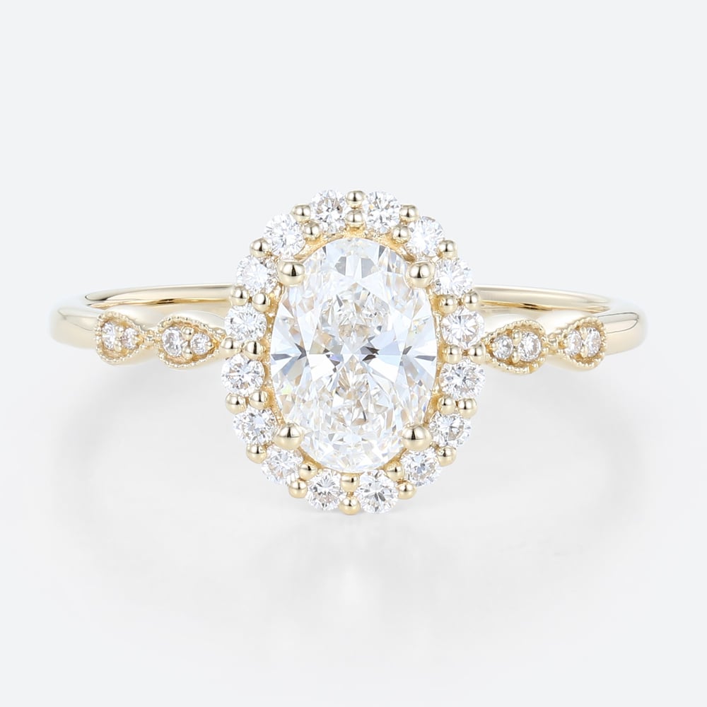 Yellow Gold Oval Halo Engagement Ring Lab Diamond Vintage Milgrain Ring