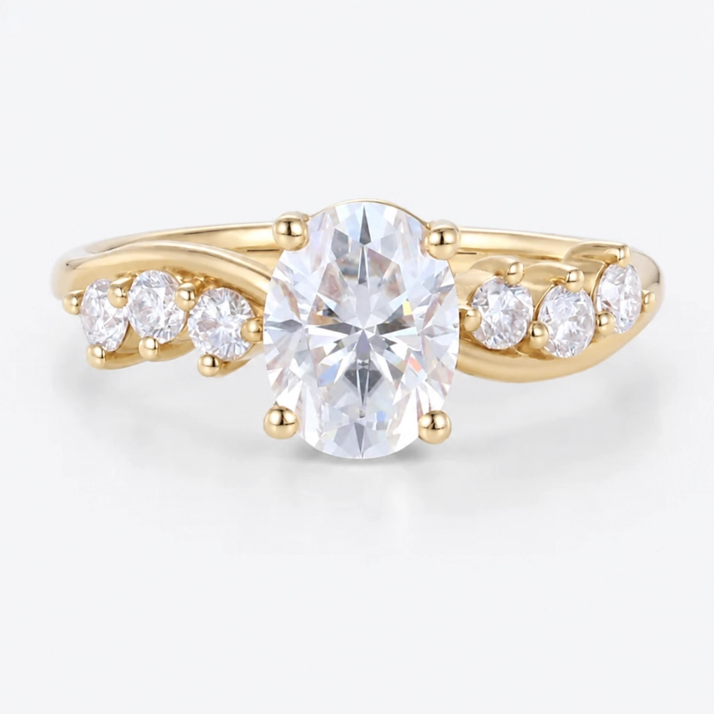 1.5ct Oval Cut Lab Grown Diamond Swirling Band Engagement Ring in Rose Gold