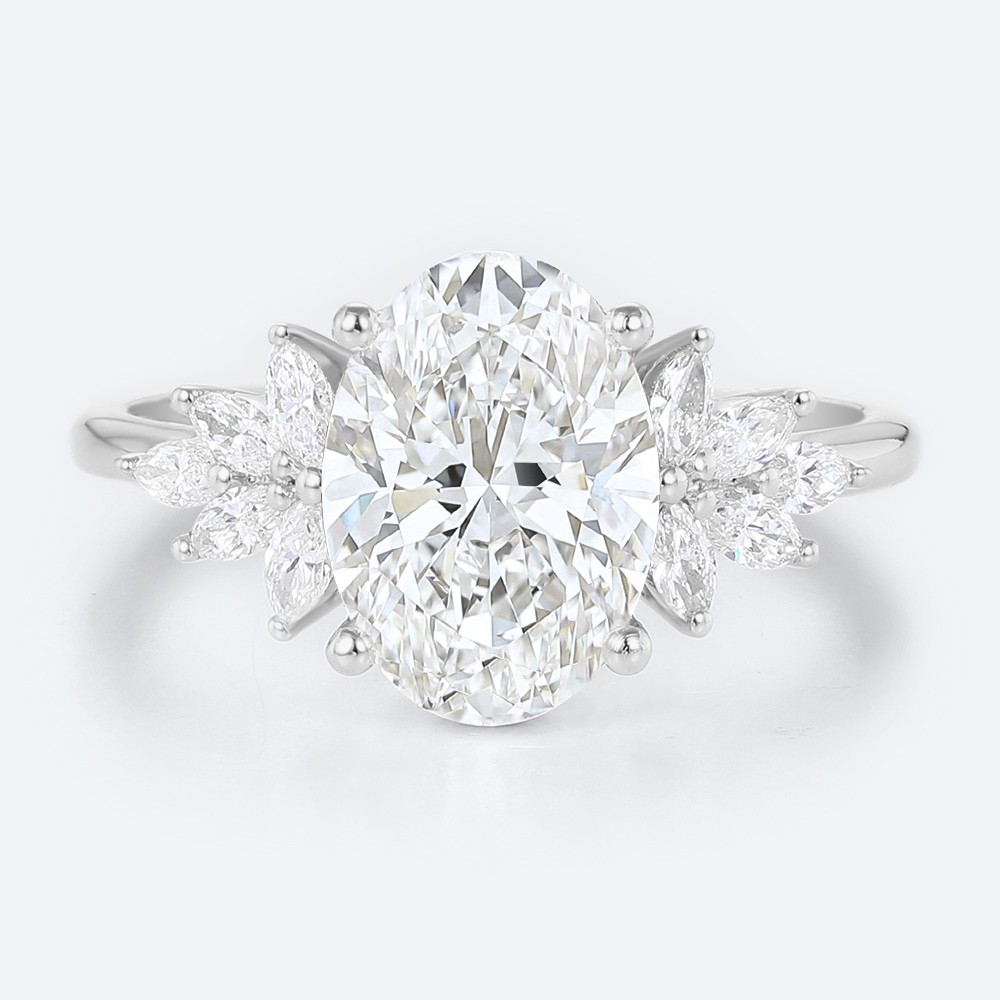 2ct Oval Cluster Lab Diamond Ring​ Floral 4-Prong Engagement Ring in White Gold