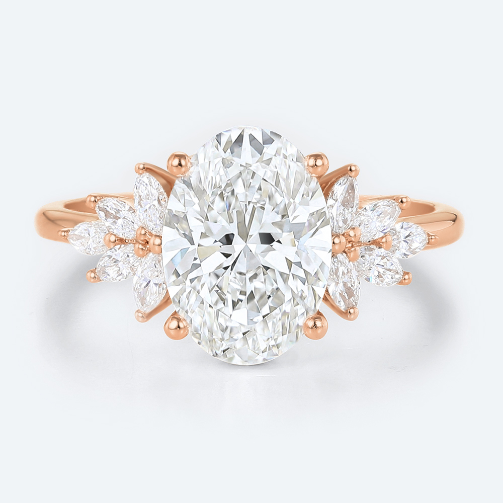 2ct Oval Cluster Lab Diamond Ring​ Floral 4-Prong Engagement Ring in Rose Gold