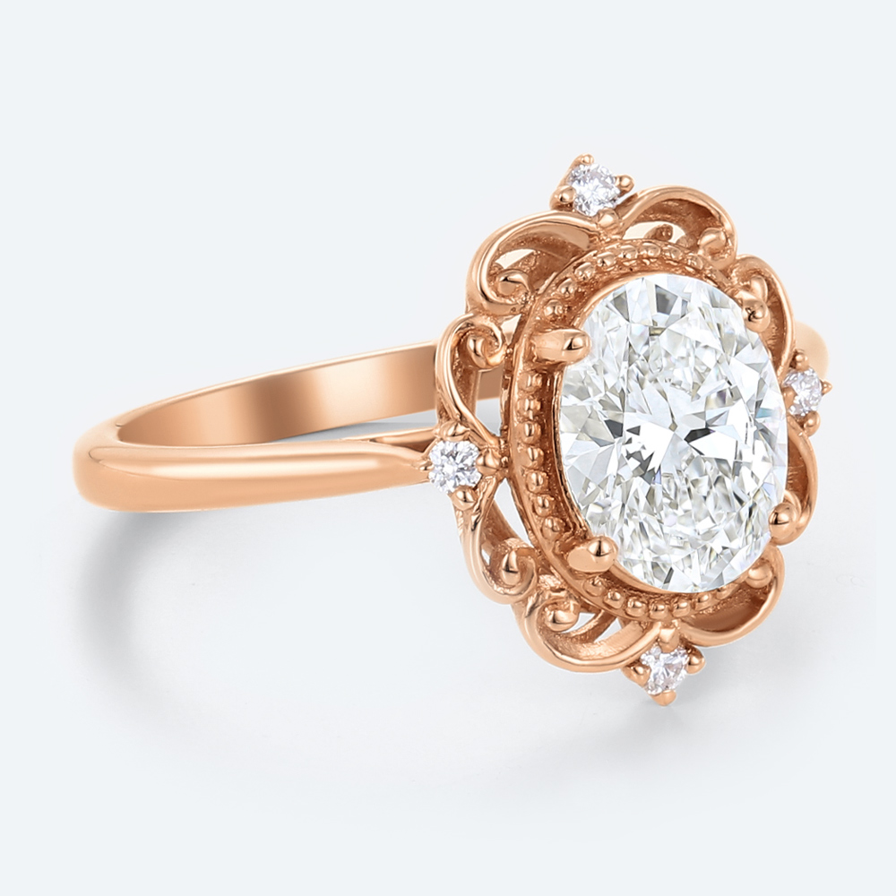 Oval Cut Lab Grown Diamond Floral Milgrain 4-Prong Engagement Promise Ring (3)
