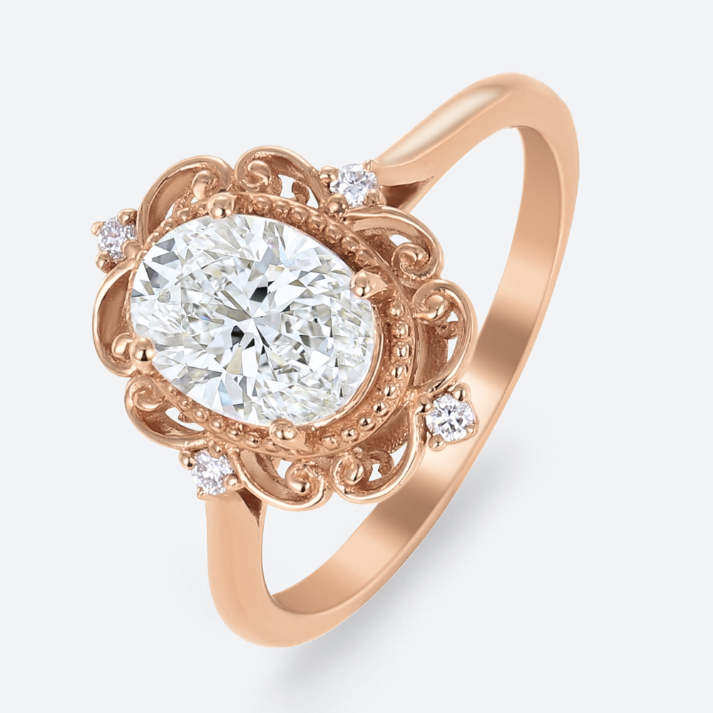 Oval Cut Lab Grown Diamond Floral Milgrain 4-Prong Engagement Promise Ring (4)