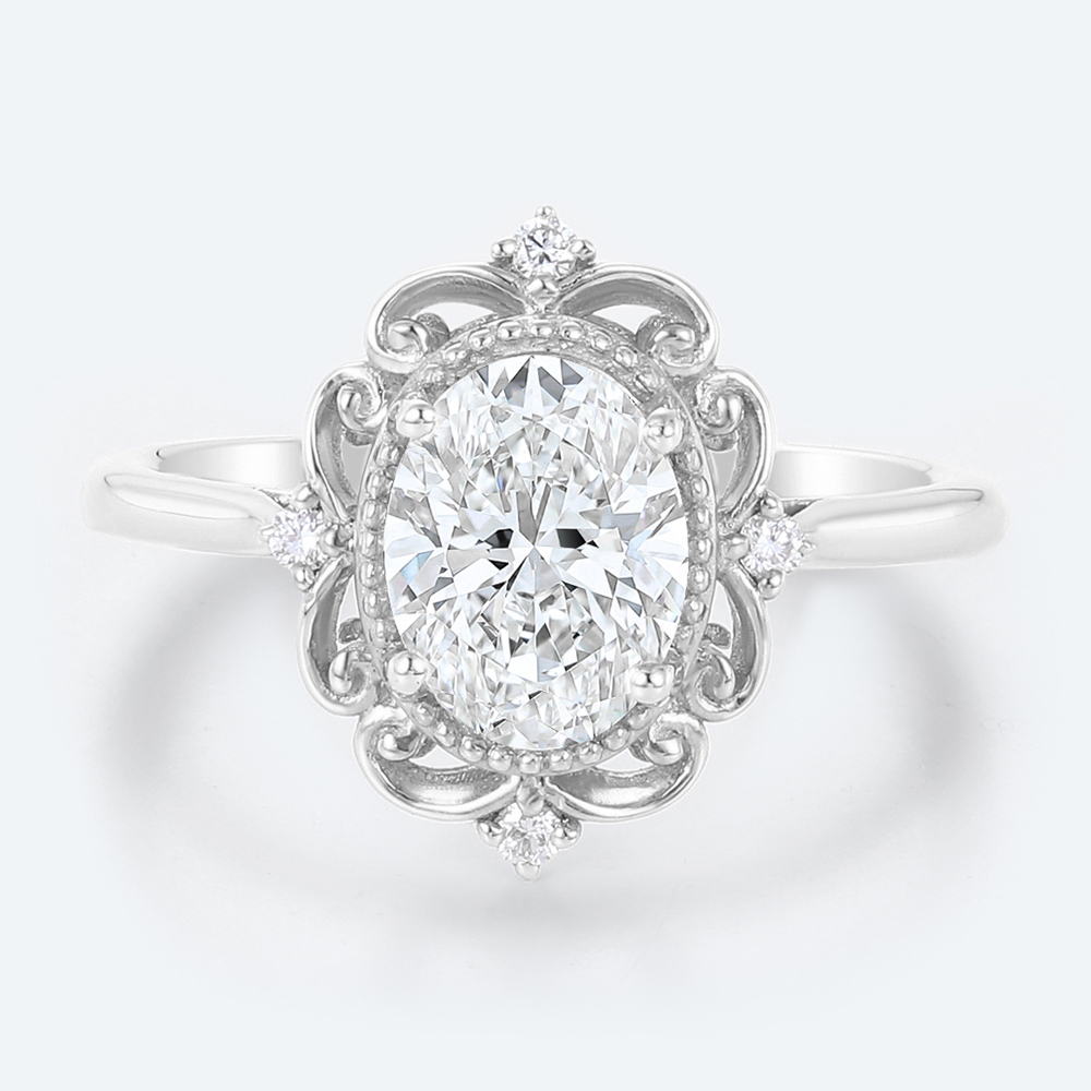 Lab Grown Diamond Oval Engagement Ring Vintage Style Rings in white gold