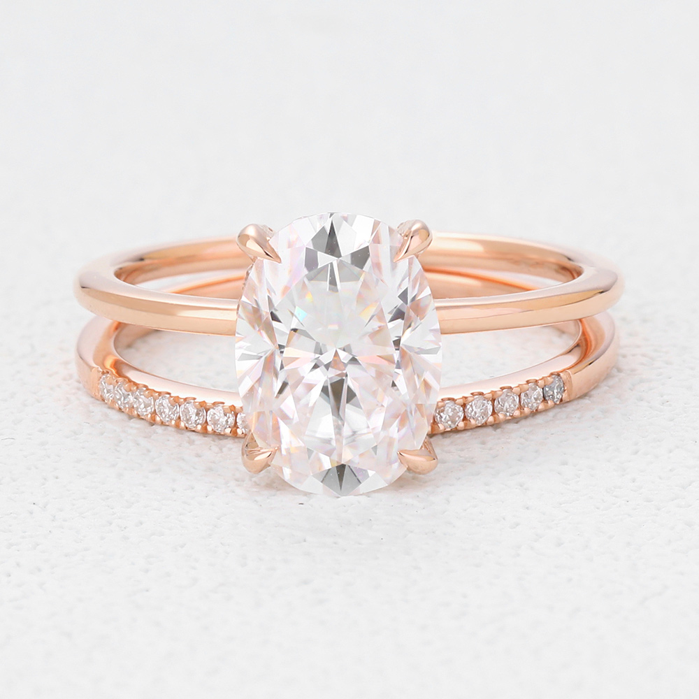 Lab Diamond Engagement Ring Oval Wedding Ring Set Hidden Halo Ring
