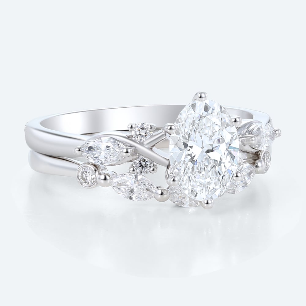 Modern Vintage Oval Lab Diamond Ring Set | Criss-Cross Band in White Gold