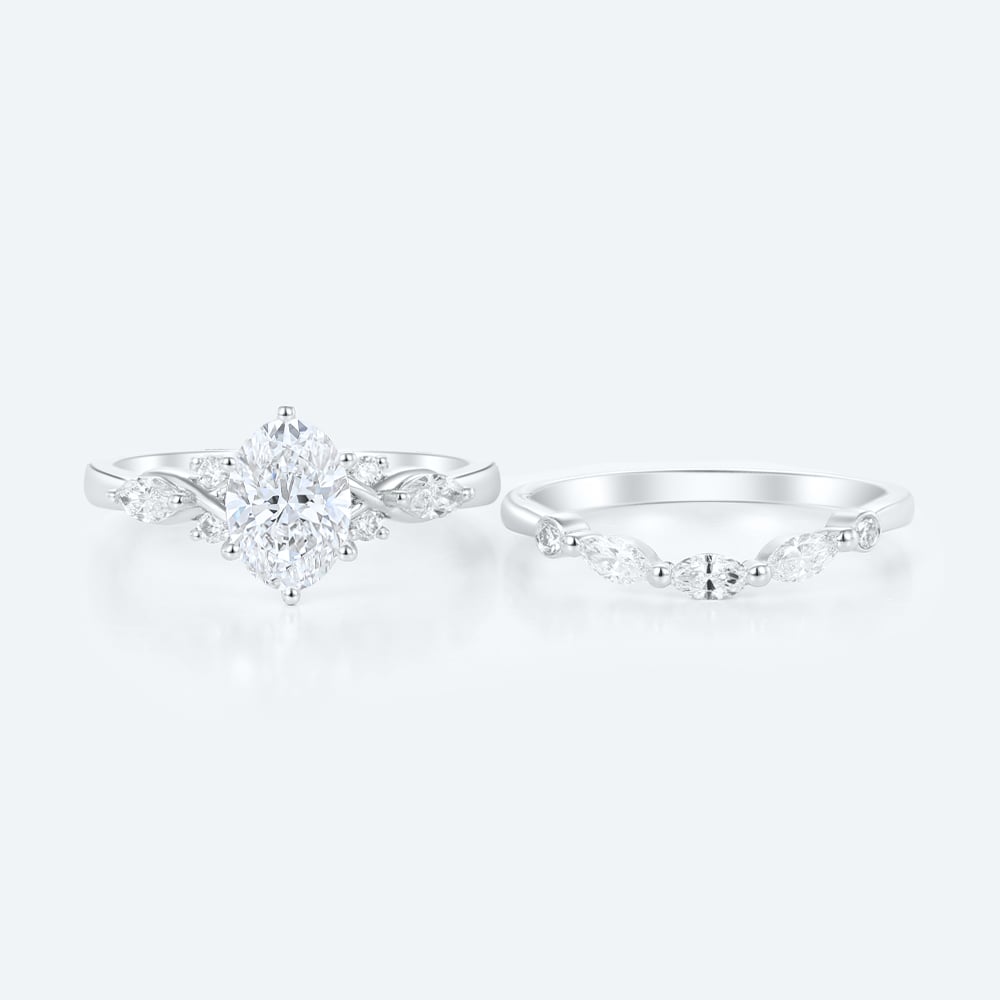 Modern Vintage Oval Lab Diamond Ring Set | Criss-Cross Band in White Gold