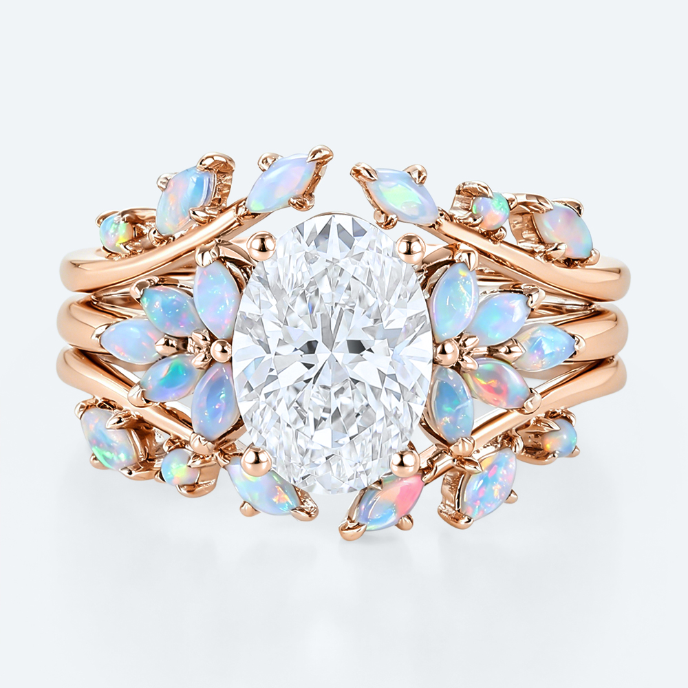 Nature-Inspired Oval Lab Diamond Ring Set with Opal Leaves in Rose Gold