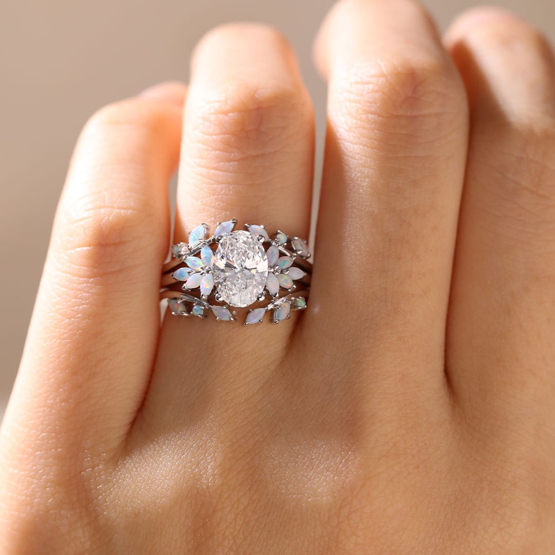 Nature-Inspired Oval Lab Diamond Ring Set with Opal Leaves in White Gold