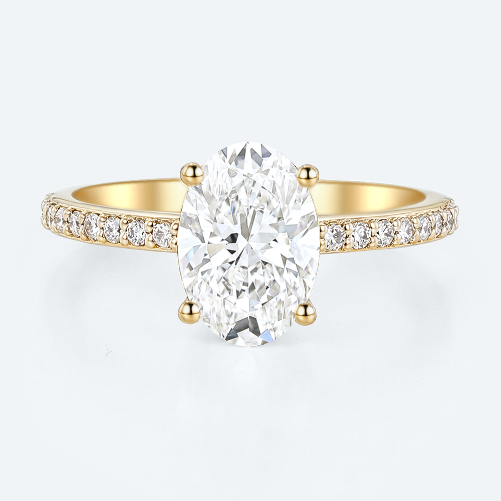 Yellow Gold Oval Cut Lab Grown Diamond Engagement Rings Pave Promise Ring