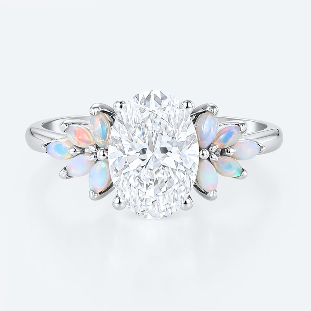 Nature-Inspired Oval Lab Diamond Ring with Petal Cluster Opal Petals Accents in White Gold