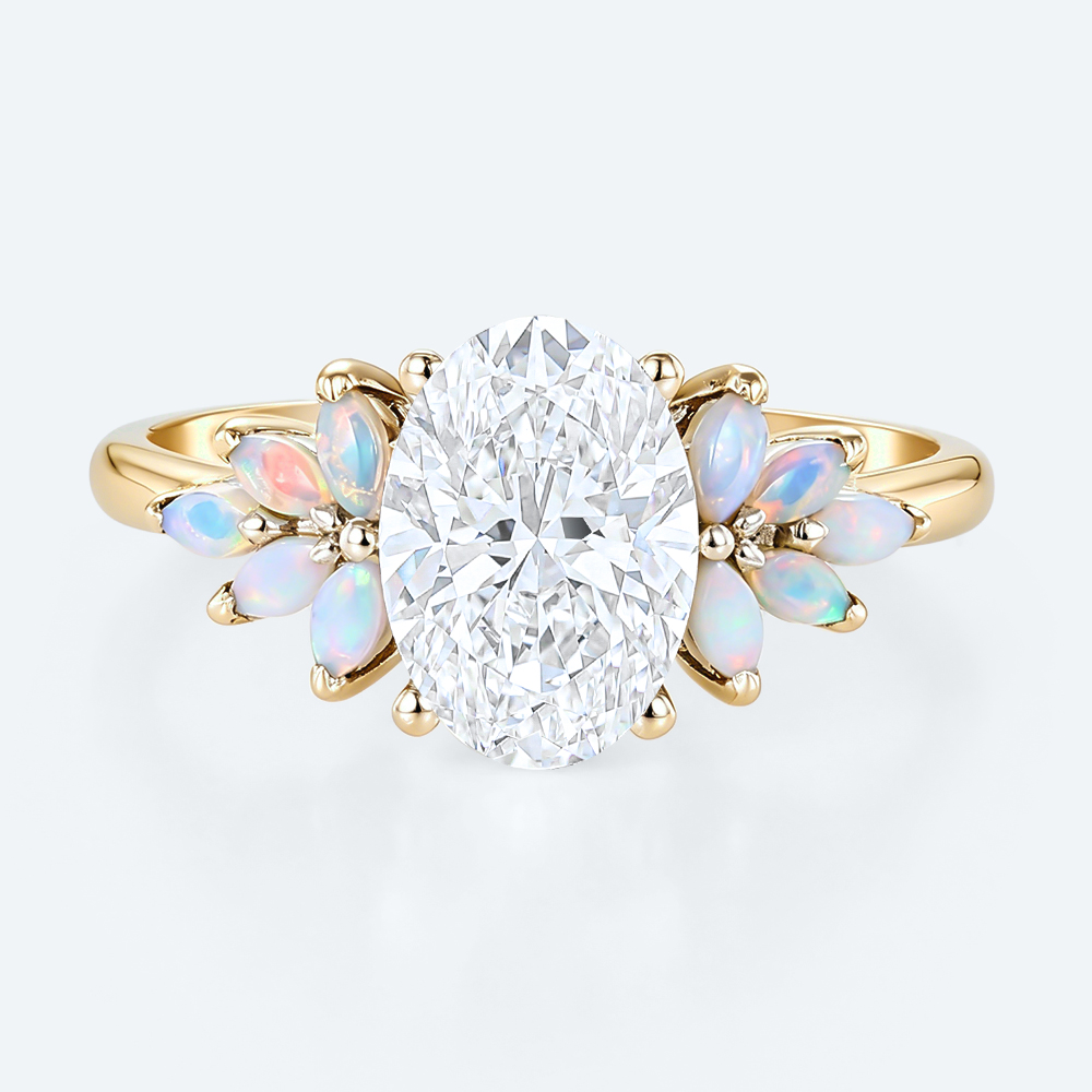 Nature-Inspired Oval Lab Diamond Ring with Petal Cluster Opal Petals Accents in Yellow Gold