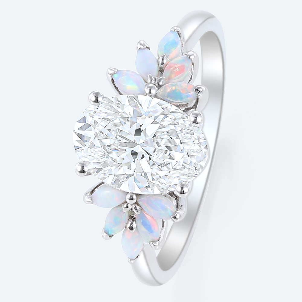 Nature-Inspired Oval Lab Diamond Ring with Petal Cluster Opal Petals Accents in White Gold