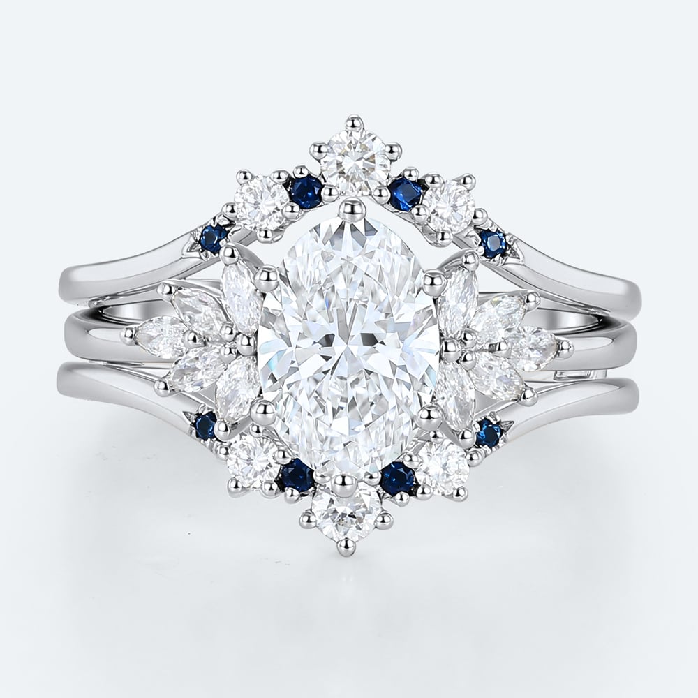 Oval Lab Diamond Ring Set with Sapphire Enhancer Bands in White Gold | 2pc