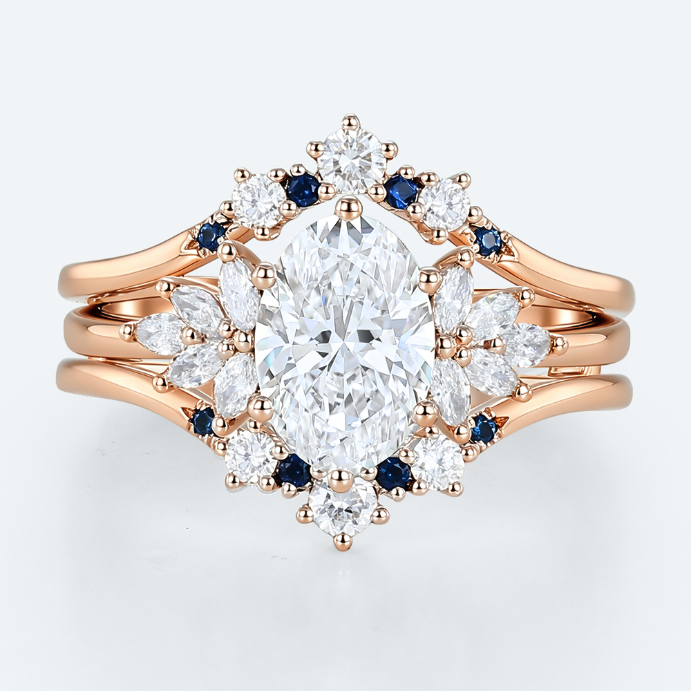 Oval Lab Diamond Ring Set with Sapphire Enhancer Bands in Rose Gold | 2pc