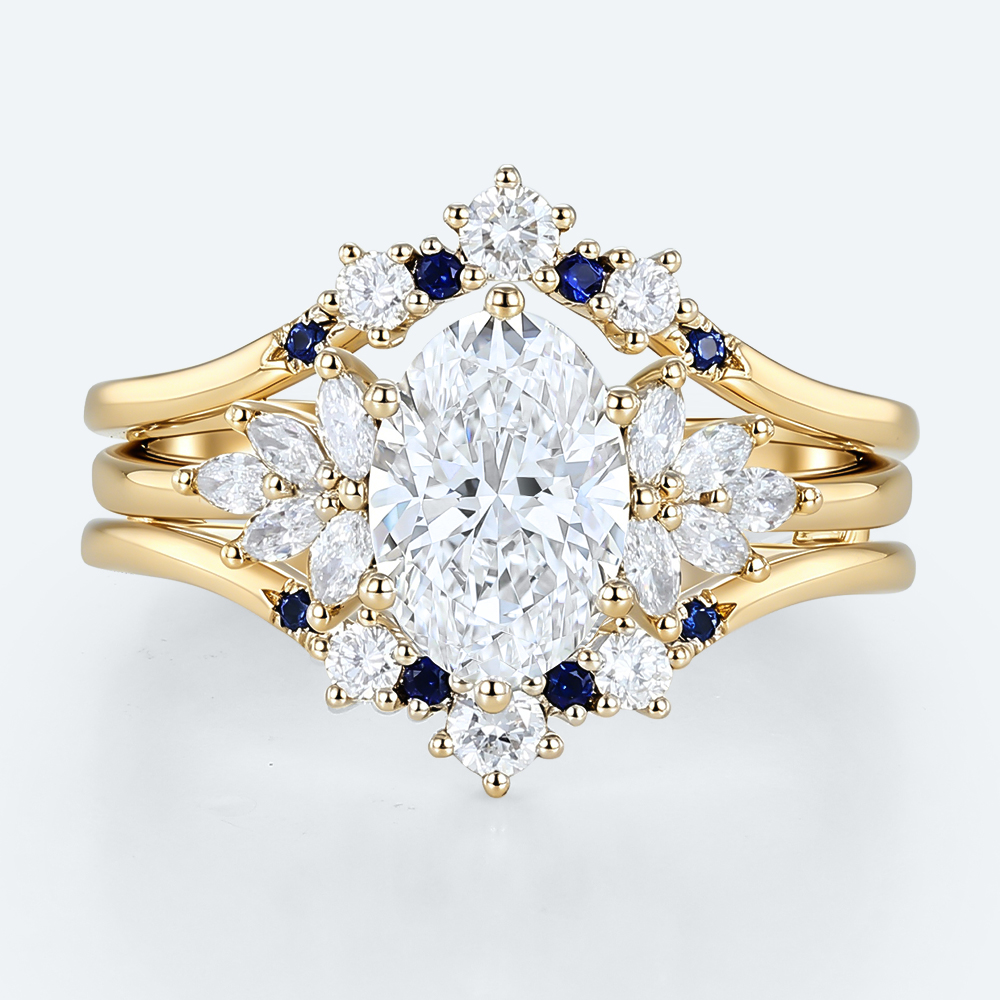 Oval Lab Diamond Ring Set with Sapphire Enhancer Bands in Yellow Gold | 2pc