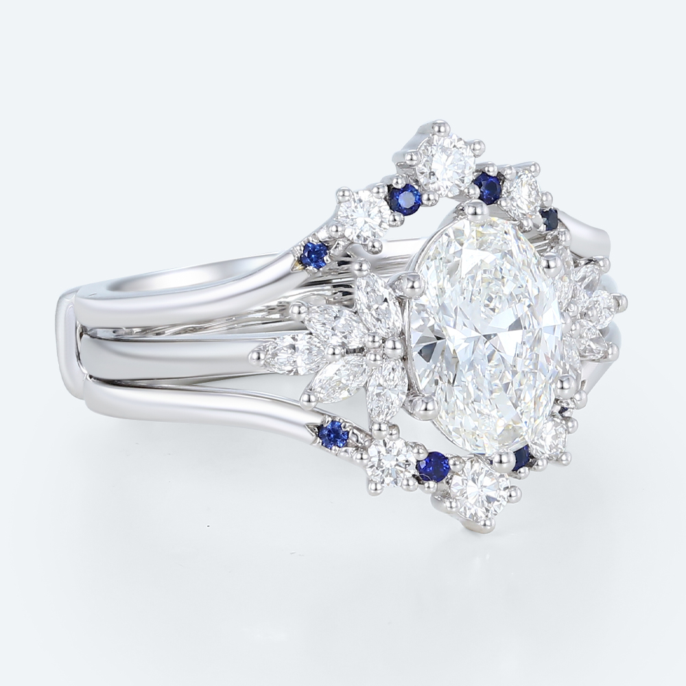 Oval Lab Diamond Ring Set with Sapphire Enhancer Bands in White Gold | 2pc