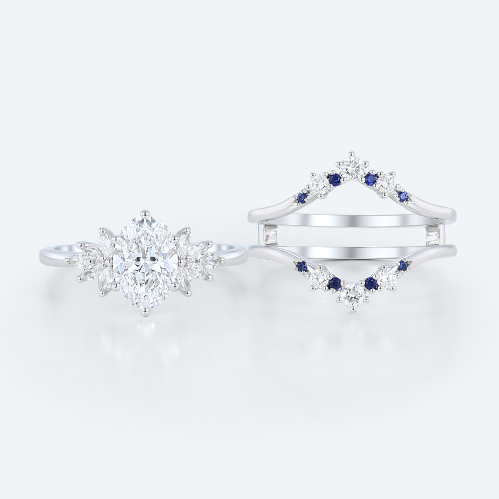 Oval Lab Diamond Ring Set with Sapphire Enhancer Bands in White Gold | 2pc