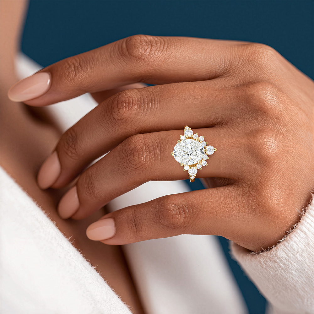 3ct Oval Cut Lab Diamond Ring Semi-Halo 6-Prong Engagement Rings in Yellow Gold