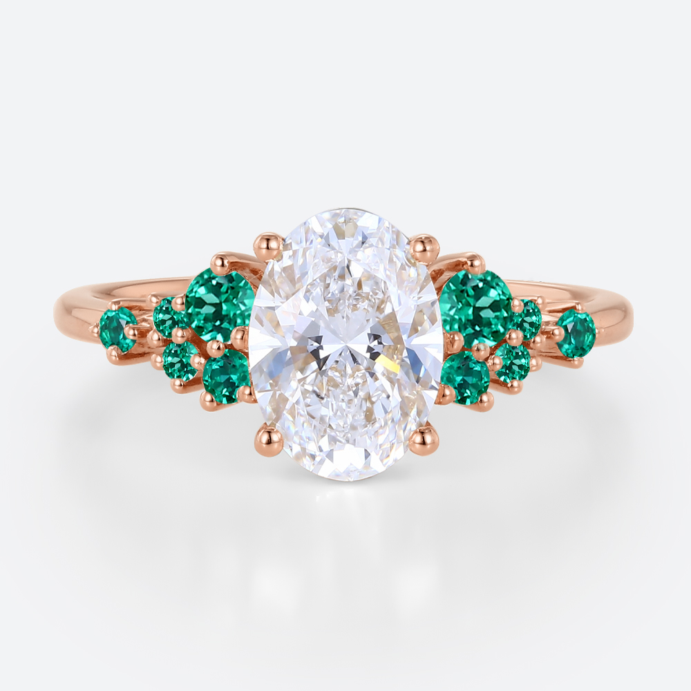 1.5ct Oval Cut Lab Diamond Engagement Ring with Lab Emerald Side Stone Ring in Rose Gold