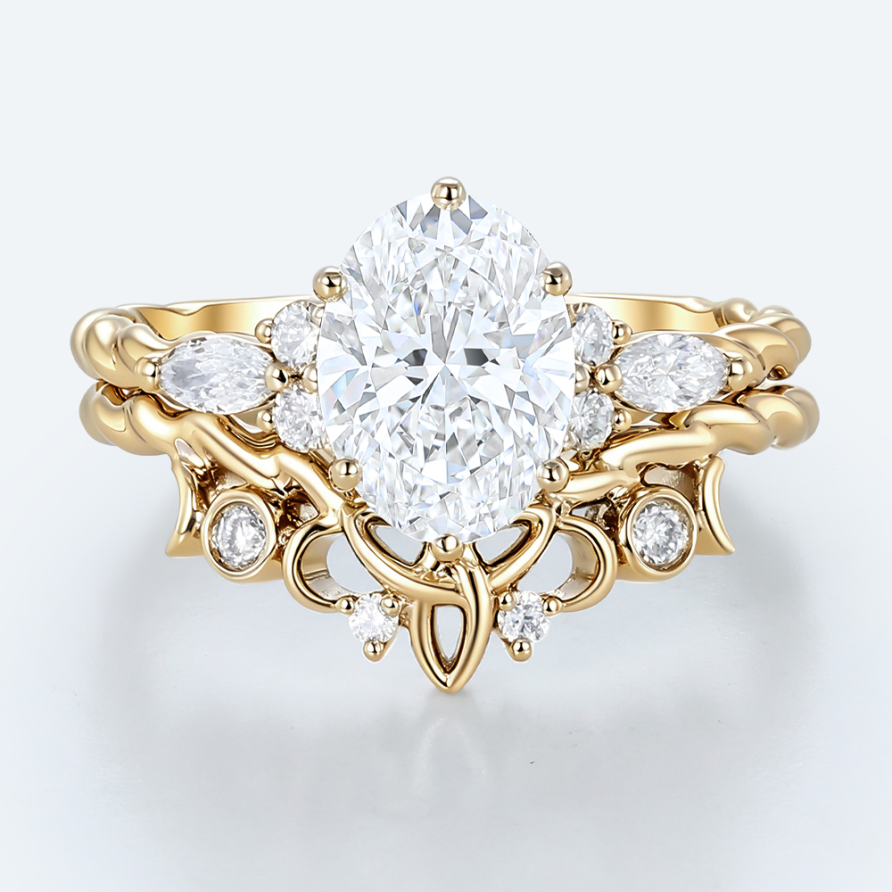 Oval Cut Lab Diamond Twisted Filigree Ring Set | Yellow Gold