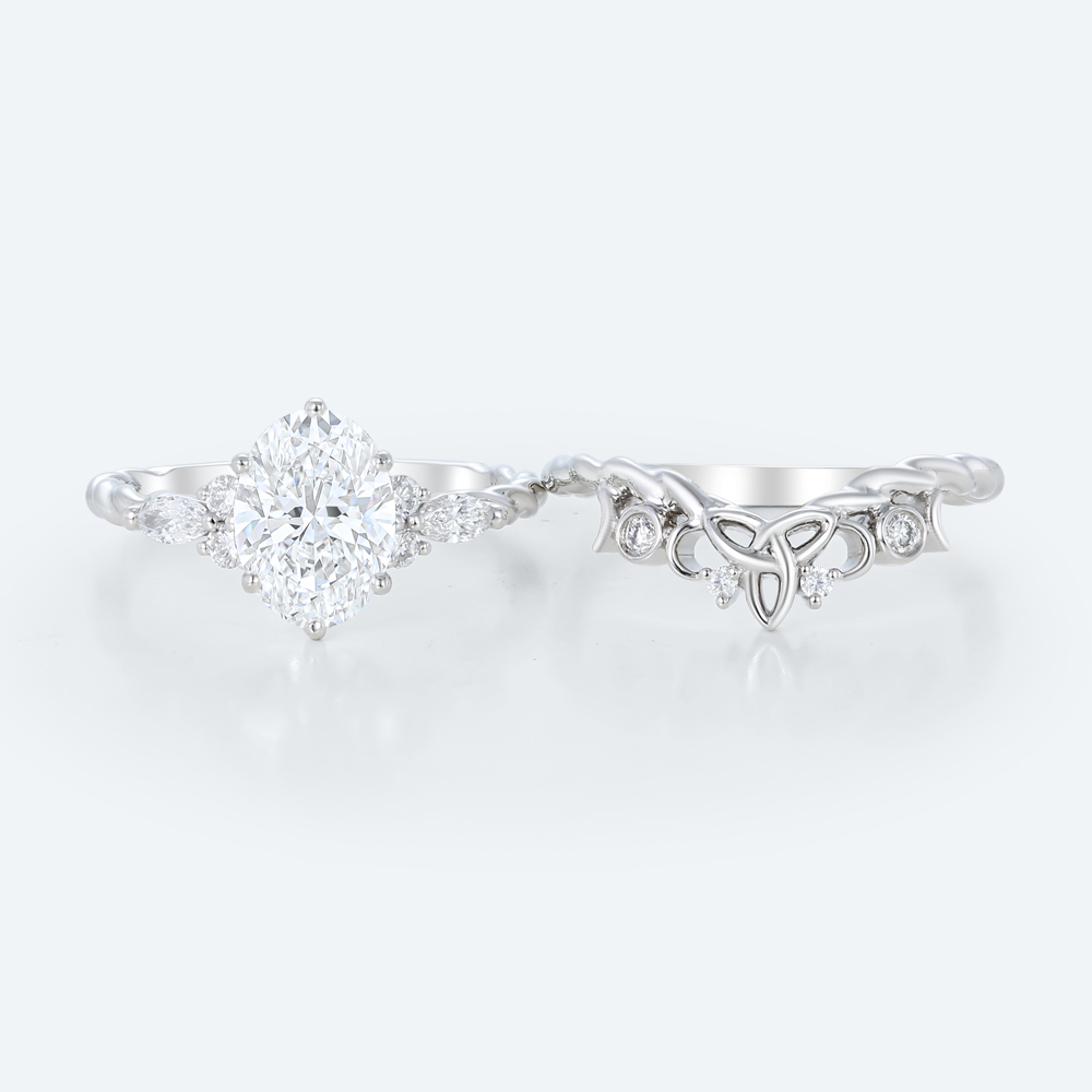 Oval Cut Lab Diamond Twisted Filigree Ring Set | White Gold