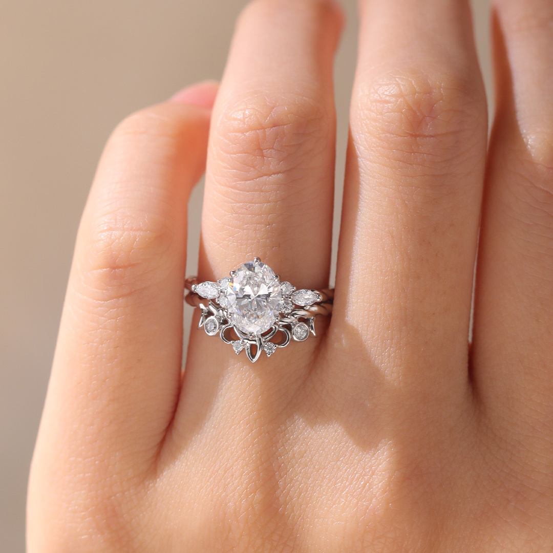 Oval Cut Lab Diamond Twisted Filigree Ring Set | White Gold
