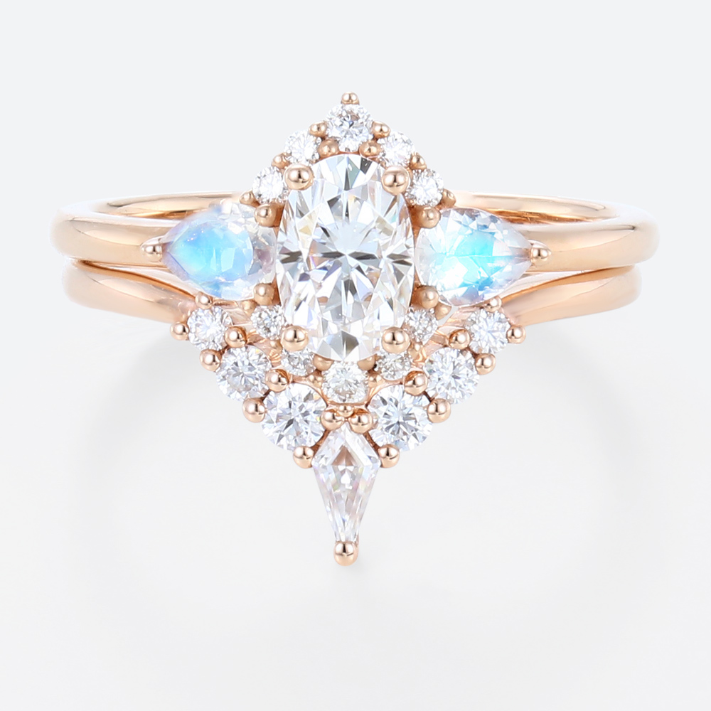 Lab Created Diamond Engagement Ring Gold Ring Moonstone Set