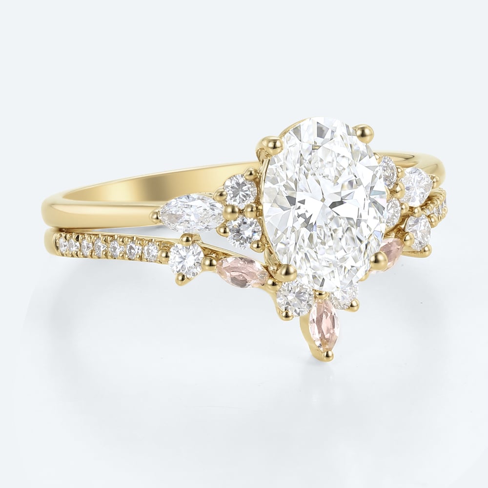 Oval Lab Grown Diamond Ring Set | Vintage Tiara Bridal Ring Set in Yellow Gold