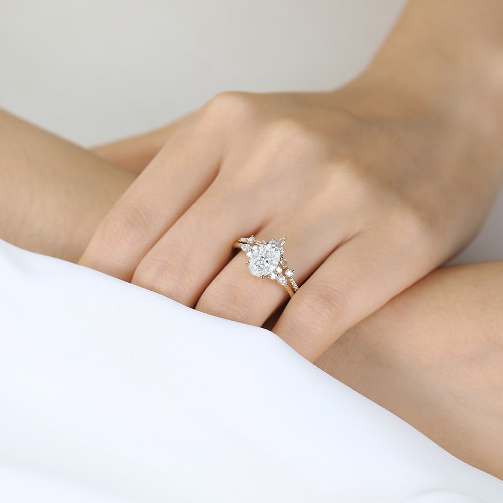 Oval Lab Grown Diamond Ring Set | Vintage Tiara Bridal Ring Set in Yellow Gold